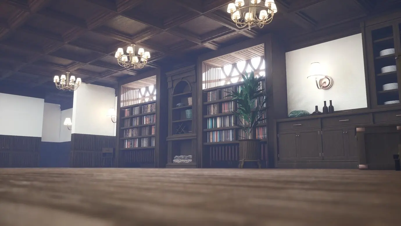 Leere Bibliothek im Vintage-Stil mit hölzernen Bücherregalen in einem alten Haus.