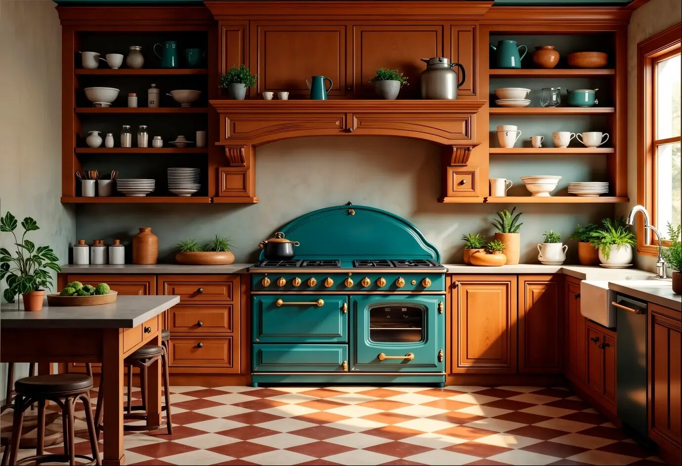 Eine mit Küchenutensilien gefüllte Küche.