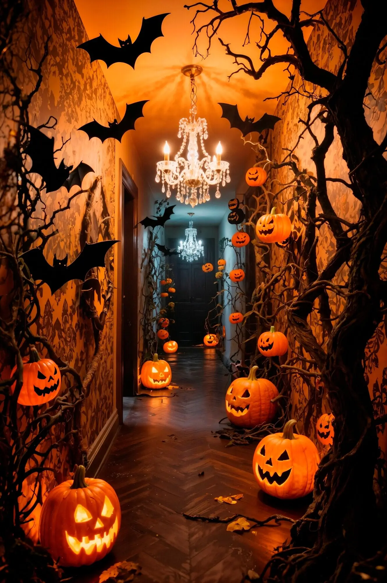 Ein Korridor im Halloween-Stil, geschmückt mit Kürbislaternen und Fledermäusen.